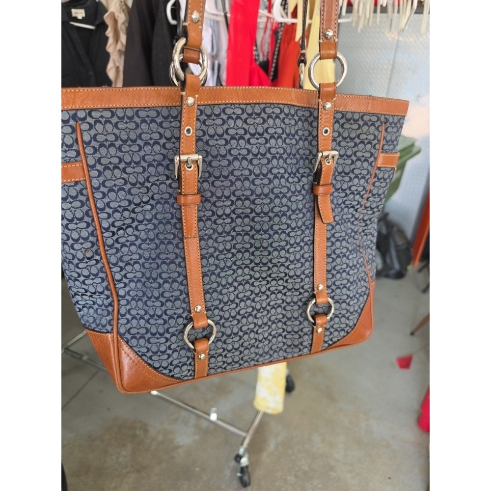 Coach Hampton Signature Tote Navy Blue Tan Leather Monogram Bag F11527